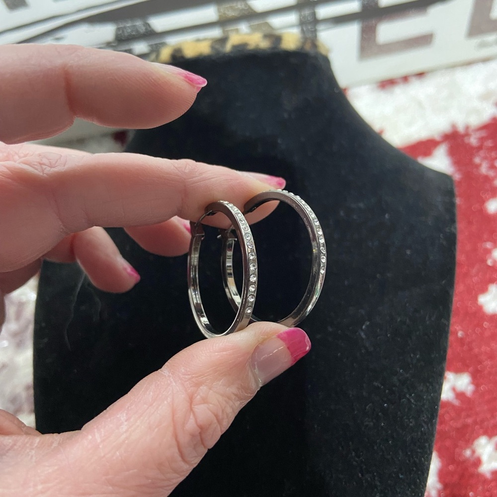 Hoop Earrings Silver Tone Rhinestone Pave
